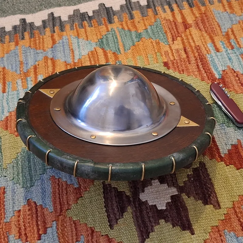 A round buckler with a steel boss, wooden face and laced green leather rim